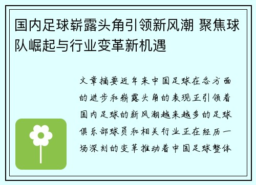 国内足球崭露头角引领新风潮 聚焦球队崛起与行业变革新机遇