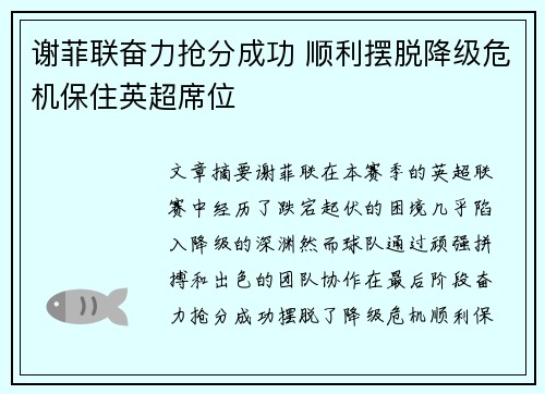 谢菲联奋力抢分成功 顺利摆脱降级危机保住英超席位