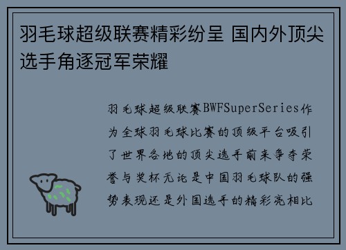 羽毛球超级联赛精彩纷呈 国内外顶尖选手角逐冠军荣耀